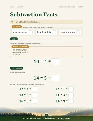 Subtraction facts within twenty