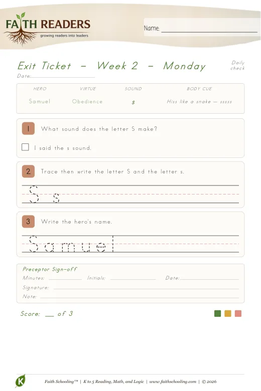 Checks & Records protected curriculum sample: Exit Ticket - Kindergarten Week 2