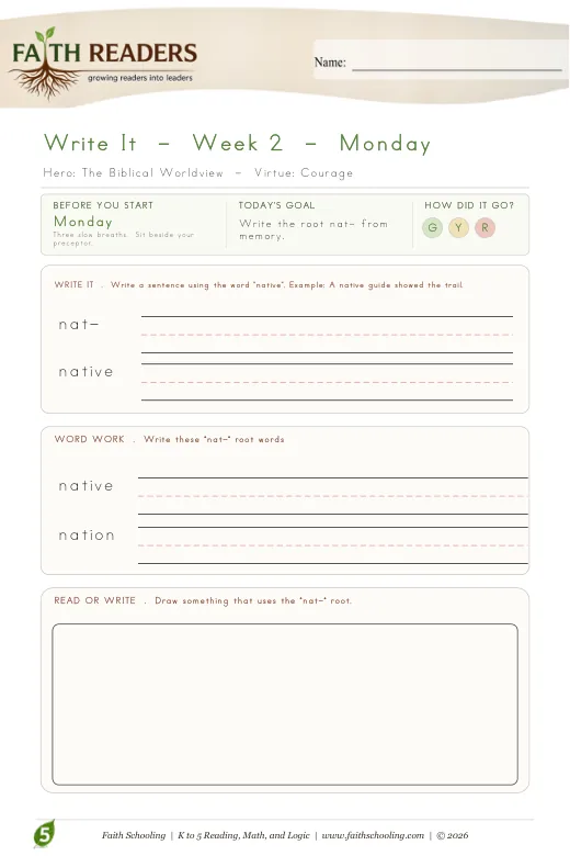 Faith Readers curriculum protected curriculum sample: Scribe Writing - Grade 5 Week 2