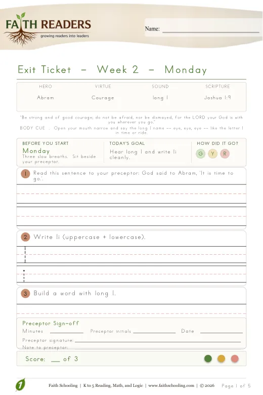 Checks & Records protected curriculum sample: Exit Ticket - Grade 1 Week 2