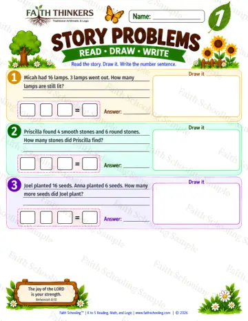 1st Grade math worksheet — Story Problems Practice 4