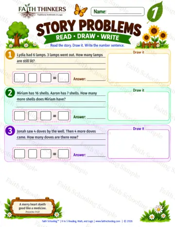1st Grade math worksheet — Story Problems Practice 5