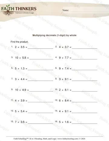 5th Grade math worksheet — Multiplying Decimals 1 Digit by Whole Numbers 7