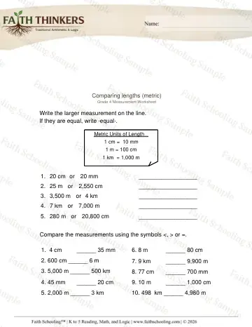 4th Grade math worksheet — Compare Lengths 2