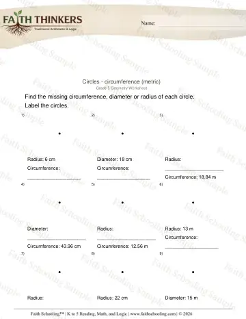 5th Grade math worksheet — Geometry Circles Circumference 4