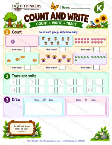 Kindergarten math worksheet — Counting Scattered Sets Practice 4