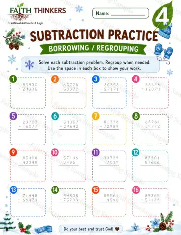 4th Grade math worksheet — Winter Subtraction Practice 9