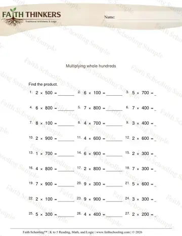 4th Grade math worksheet — Multiply Whole Hundreds 2
