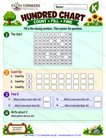 Kindergarten math worksheet — Hundred Chart Practice 4