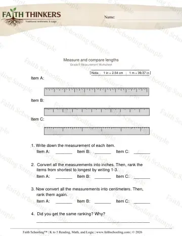 5th Grade math worksheet — Comparing and Estimating. Measure Compare Lengths 3