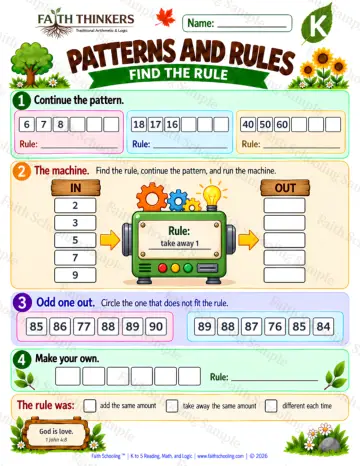 Kindergarten math worksheet — Patterns And Rules Practice 6