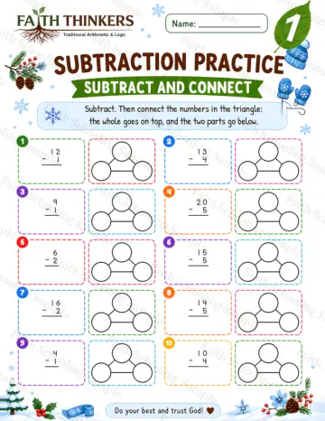 1st Grade math worksheet — Winter Subtract And Connect Practice 5