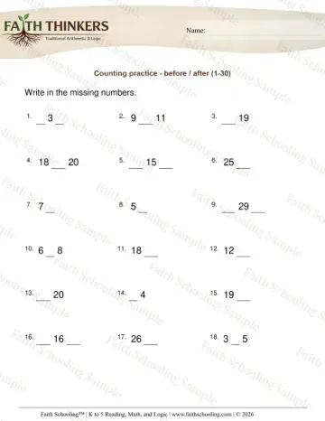 1st Grade math worksheet — Counting Practice Before After 4