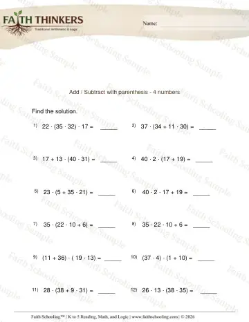3rd Grade math worksheet — Order Operations Add Sub 5