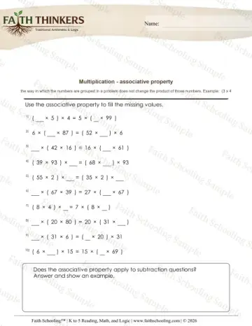 4th Grade math worksheet — Properties of Multiplication. Multiplication Associative Property 5