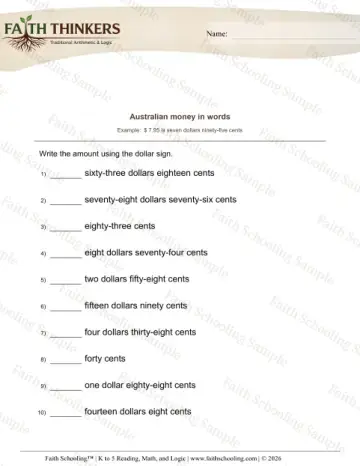 2nd Grade math worksheet — World Currencies. Australian Money in Words 12