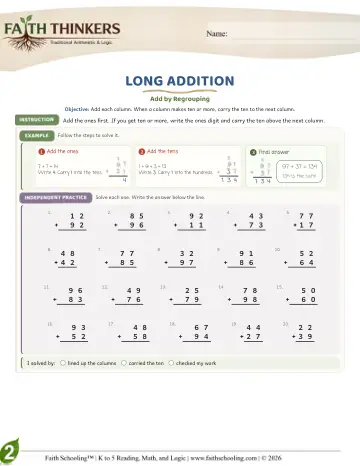 Grade 2 Math: Long Addition — worksheet preview