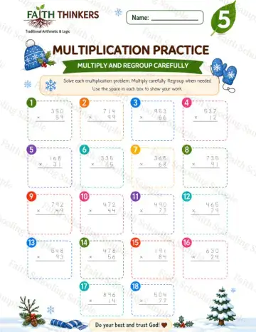 5th Grade math worksheet — Winter Multiplication Practice 6