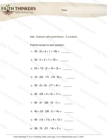 3rd Grade math worksheet — Order Operations Add Sub 8