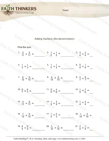 3rd Grade math worksheet — Adding Fractions Like Denominators 4