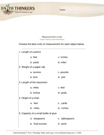 Grade 4 Math: Units Tools — worksheet preview