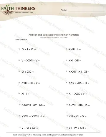 4th Grade math worksheet — Roman Numerals Add Subtract 4