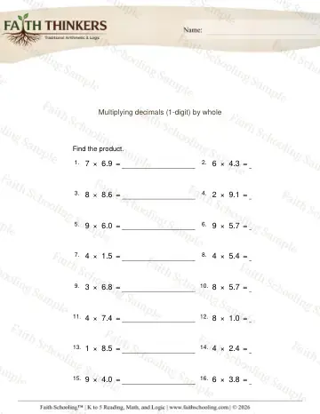 5th Grade math worksheet — Multiplying Decimals 1 Digit by Whole Numbers 3