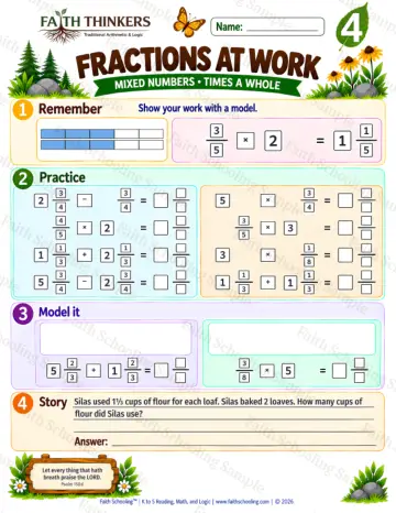 4th Grade math worksheet — Mixed Number Operations and Fraction Multiplication Practice 4