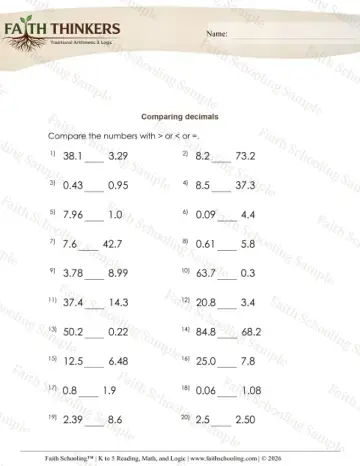 4th Grade math worksheet — Comparing and Ordering Decimals. Compare Decimals More 2