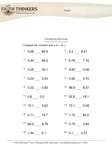 Grade 4 Math: Comparing Ordering Decimals — worksheet preview