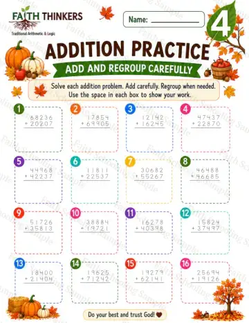 4th Grade math worksheet — Fall Addition Practice 5