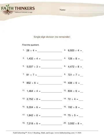 Single Digit Division No Remainder 1