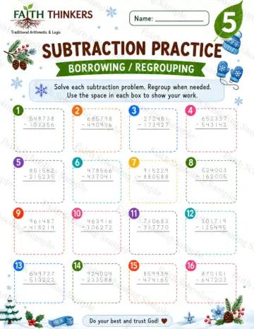 5th Grade math worksheet — Winter Subtraction Practice 8
