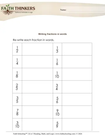 Fractions Writing Words 3