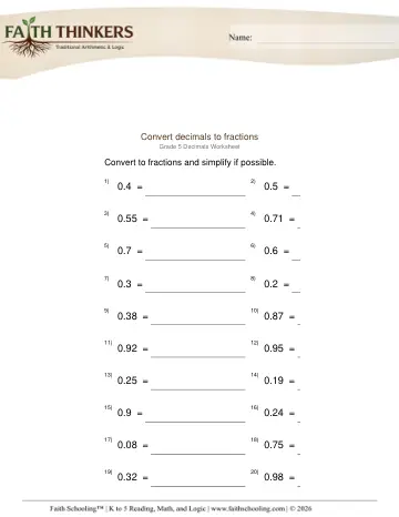 Grade 5 Math: Converting Fractions Decimals — worksheet preview