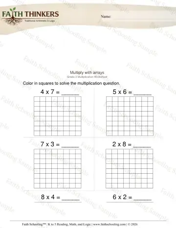 3rd Grade math worksheet — Mixed Practice. Multiply with Arrays 2