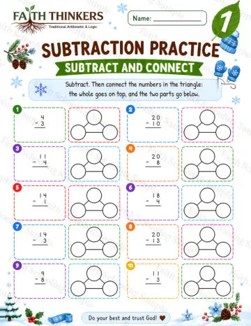 1st Grade math worksheet — Winter Subtract And Connect Practice 4