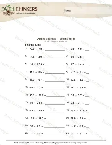 5th Grade math worksheet — Adding Decimals 1 Digit 3