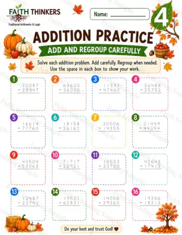 4th Grade math worksheet — Fall Addition Practice 8
