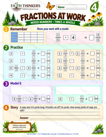 4th Grade math worksheet — Mixed Number Operations and Fraction Multiplication Practice 5