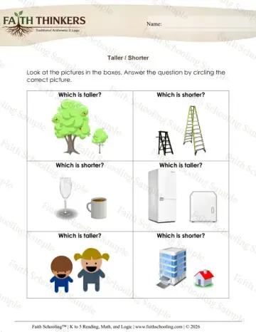 1st Grade math worksheet — Comparing and Ordering Sizes. Measurement Taller Shorter 1