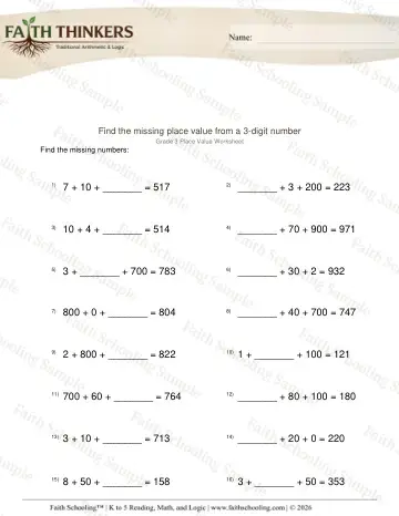 3rd Grade math worksheet — Missing Place Value 3 Digit Number 2