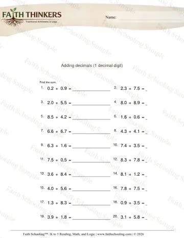 4th Grade math worksheet — Adding Decimals 1 Digit 2