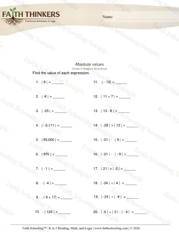 5th Grade math worksheet — Integers Absolute Value 2