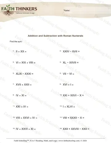 3rd Grade math worksheet — Roman Numerals Add Subtract 7
