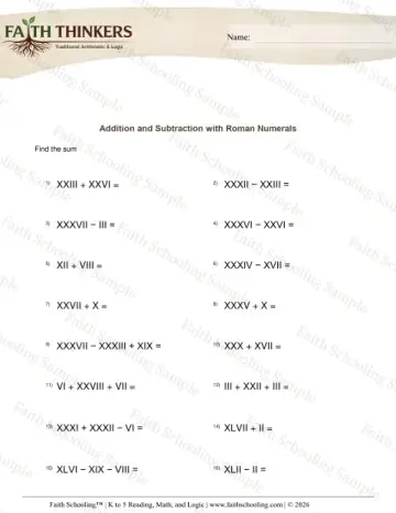4th Grade math worksheet — Roman Numerals Add Subtract 5