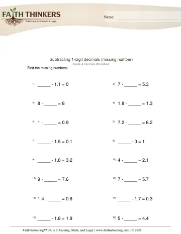 Subtracting Decimals 1 Digit Missing Number 1