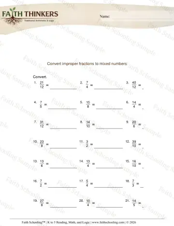 4th Grade math worksheet — Improper Fractions to Mixed Numbers 3