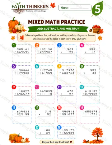 5th Grade math worksheet — Fall Mixed Practice 5