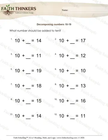 1st Grade math worksheet — Decompose Numbers Teens 3